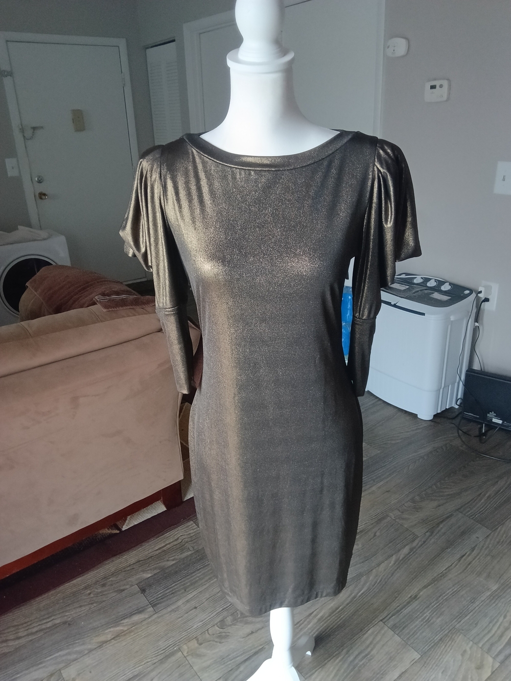 Shimmering Bronze Midi Dress with Puff Sleeves